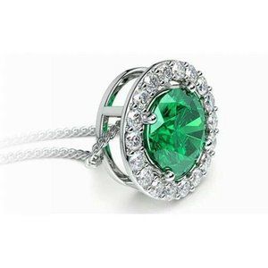 Silver Plated Emerald Green Diamond Zircon Halo Pendant Necklace 2.04ctw Gift